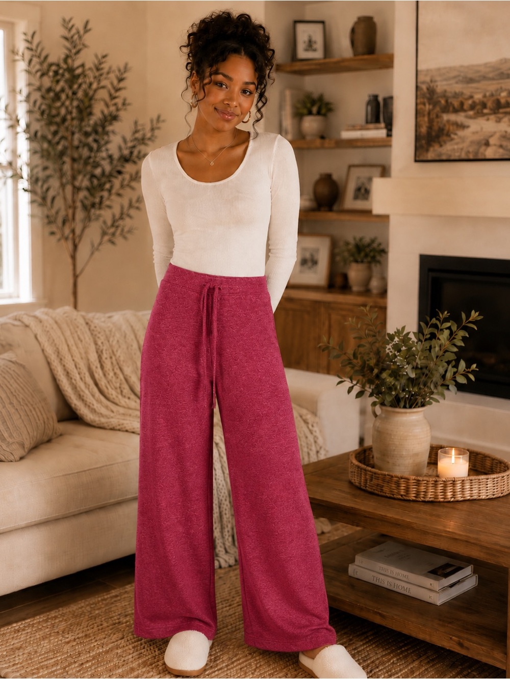 Zenana Brushed Hacci Wide Leg Lounge Pants – Cabernet 🍷